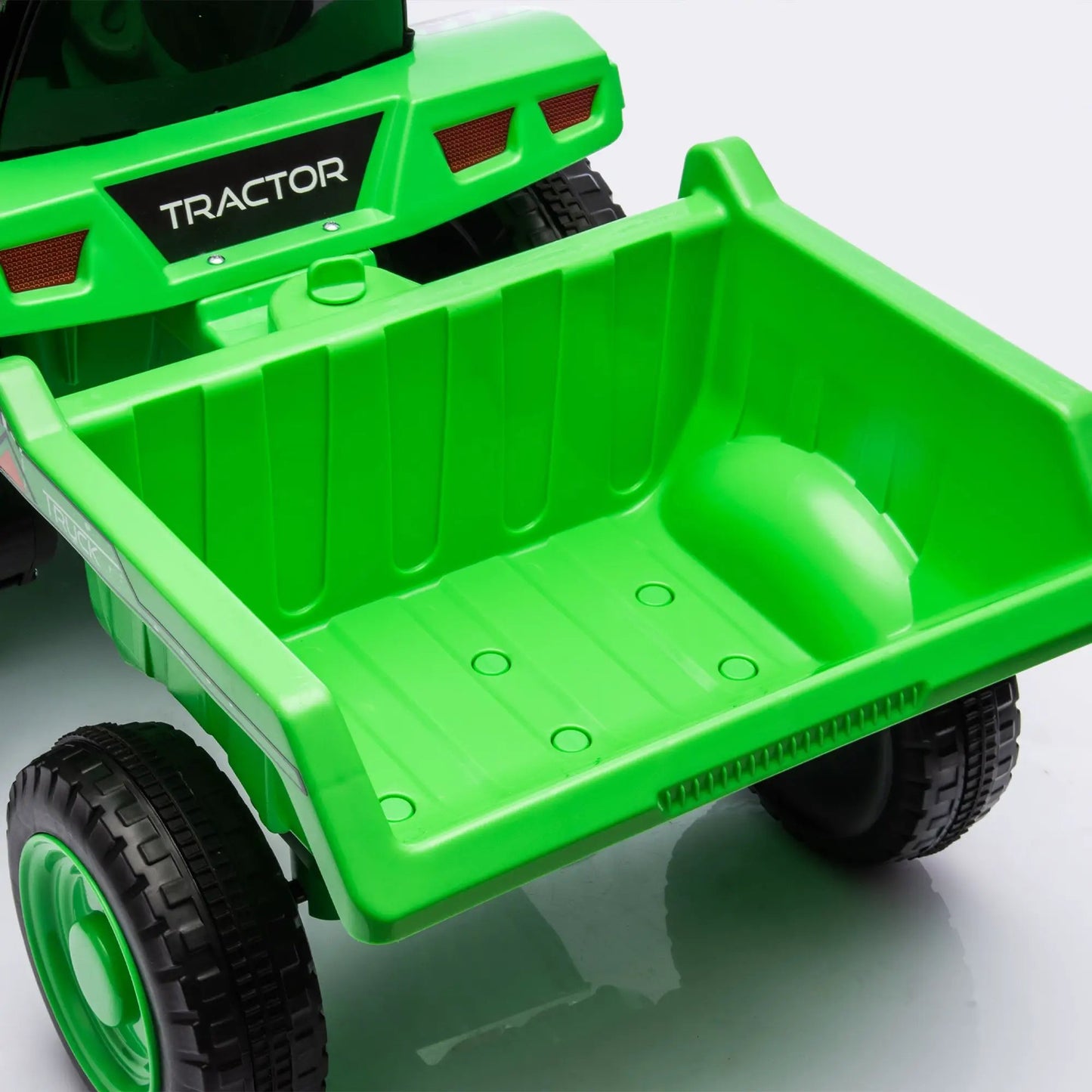 12V Kids Ride On Electric Tractor Black Knight green body with chunky tires on Tampa Home & Garden Store