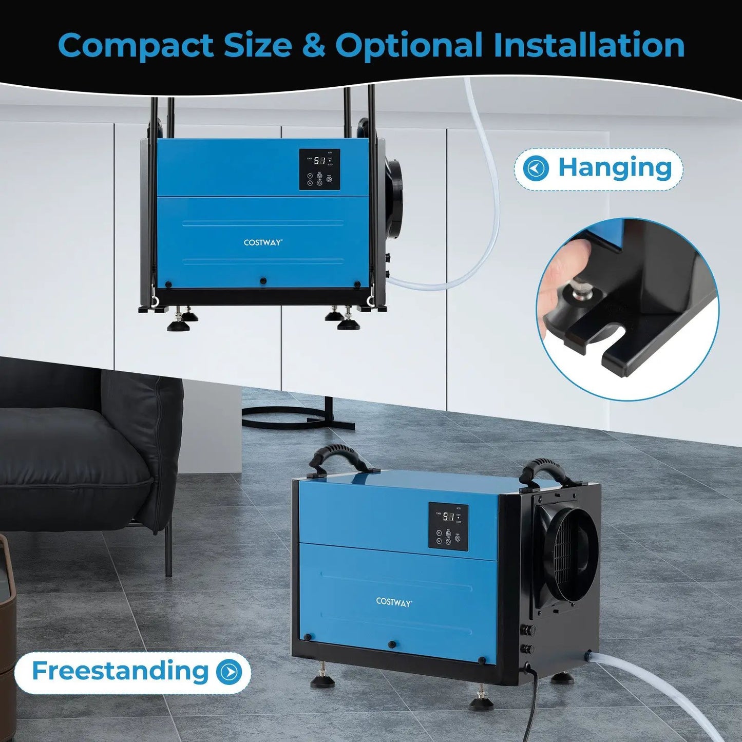 Blue Costway crawl space dehumidifier with 3 modes and timer, two hanging units on Tampa Home & Garden Store