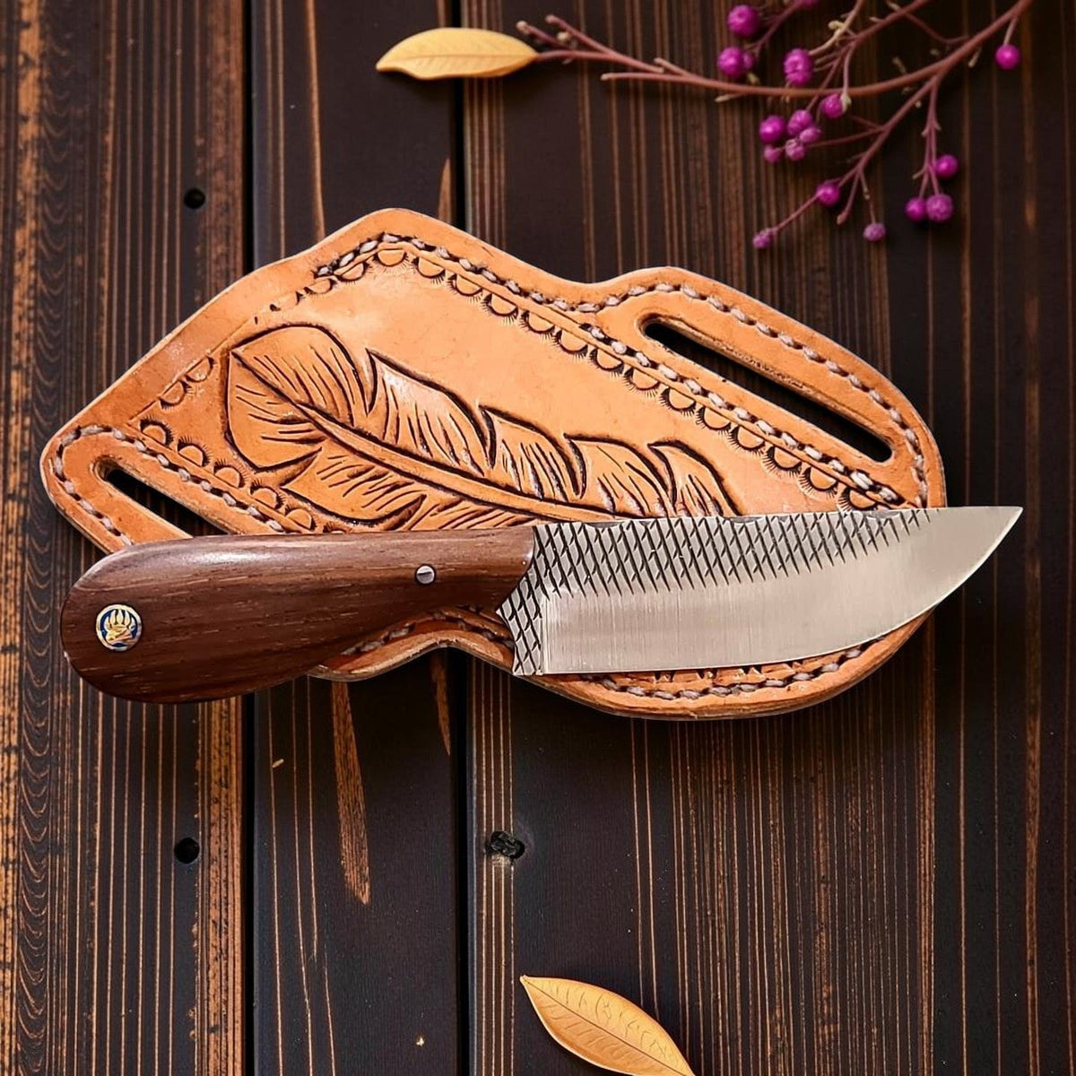 The Red River Knife by Frontier Cowboy Gear with rosewood handle, rasp steel blade and leather sheath on Tampa Home & Garden Store