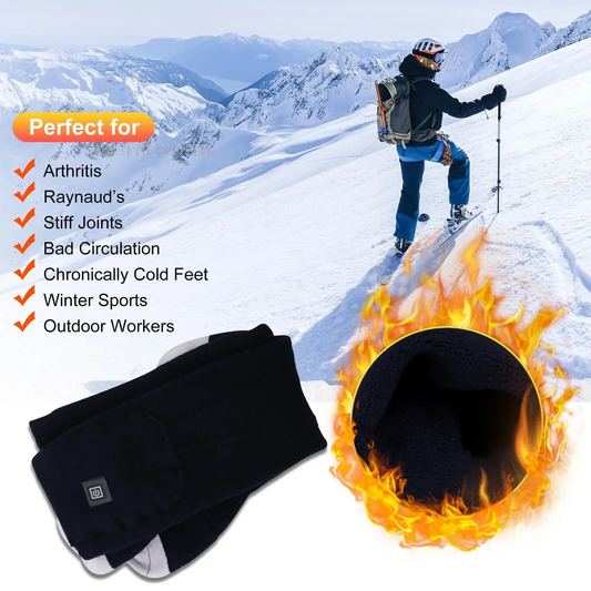 Electric heated socks black crew socks with white lining on snowy mountain background on Tampa Home & Garden Store
