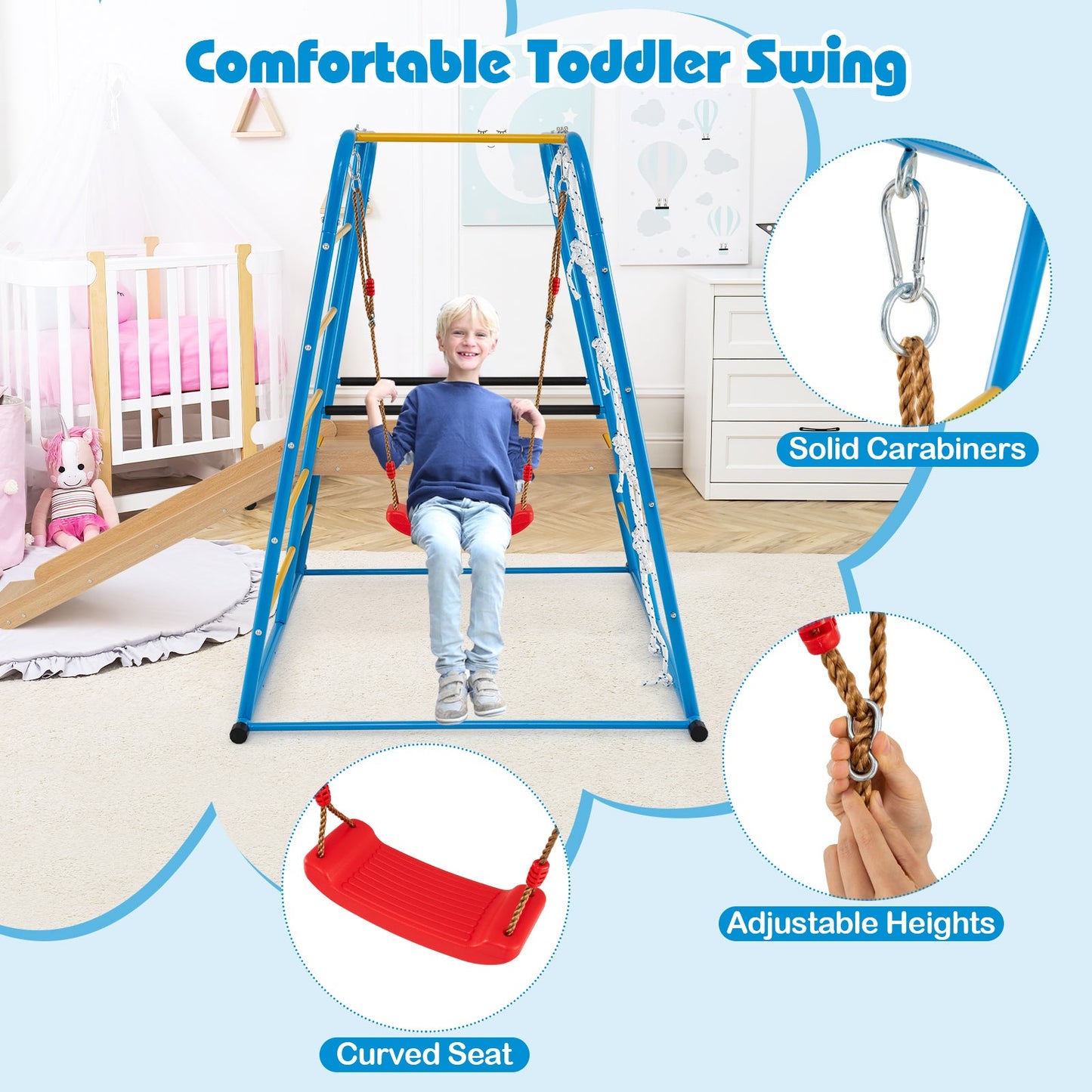 Blue 6-in-1 Indoor Jungle Gym with Slide for Kids by DirectDeals, curved seat and carabiners on Tampa Home & Garden Store