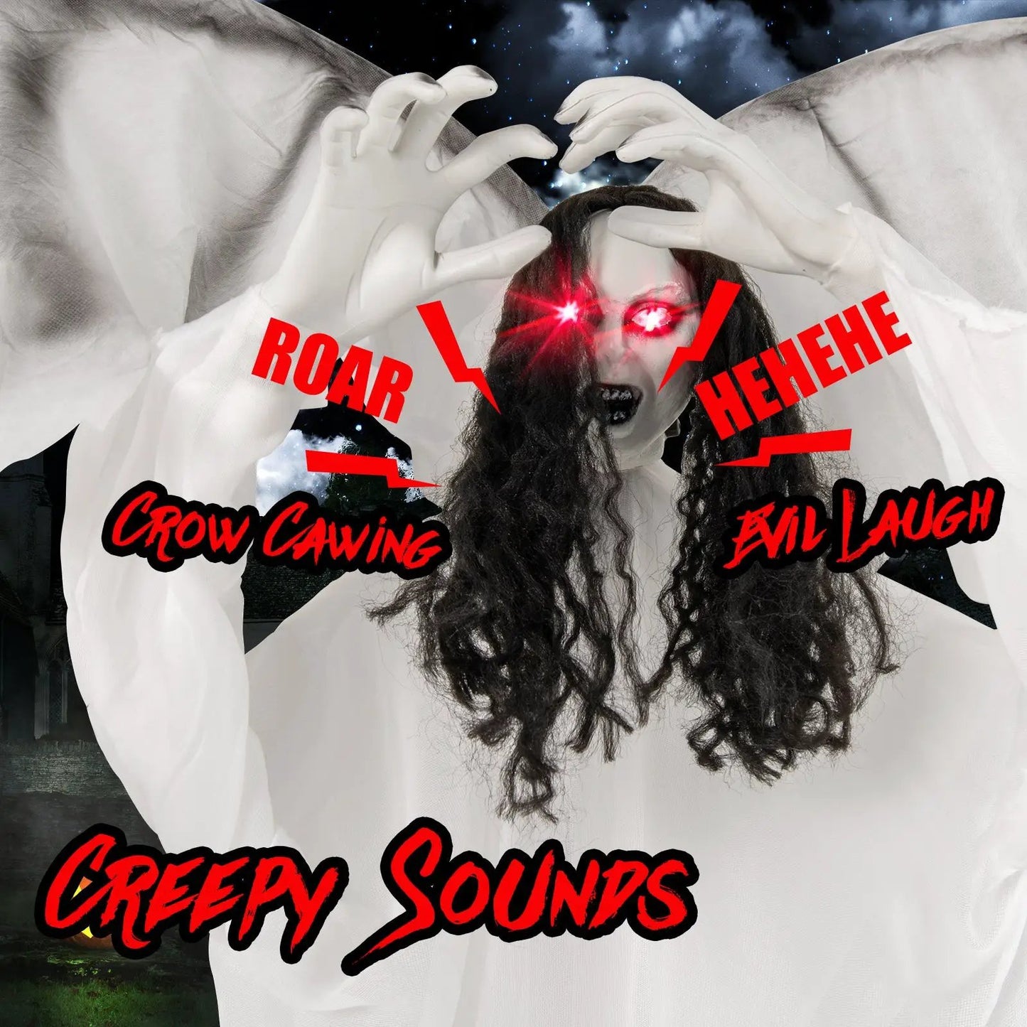 6.6 ft Halloween animatronic standing angel in white robe with red eyes, sound-activated on Tampa Home & Garden Store