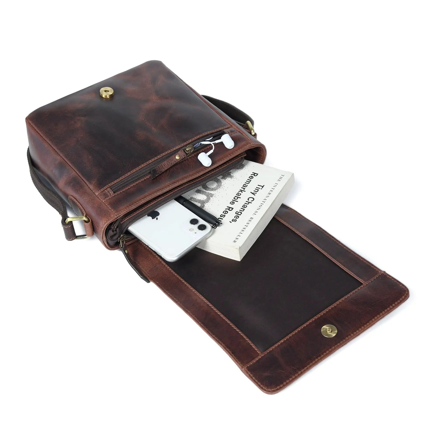 Barton Crossbody Unisex Messenger Bag in brown leather with brass hardware and zipper pocket on Tampa Home & Garden Store