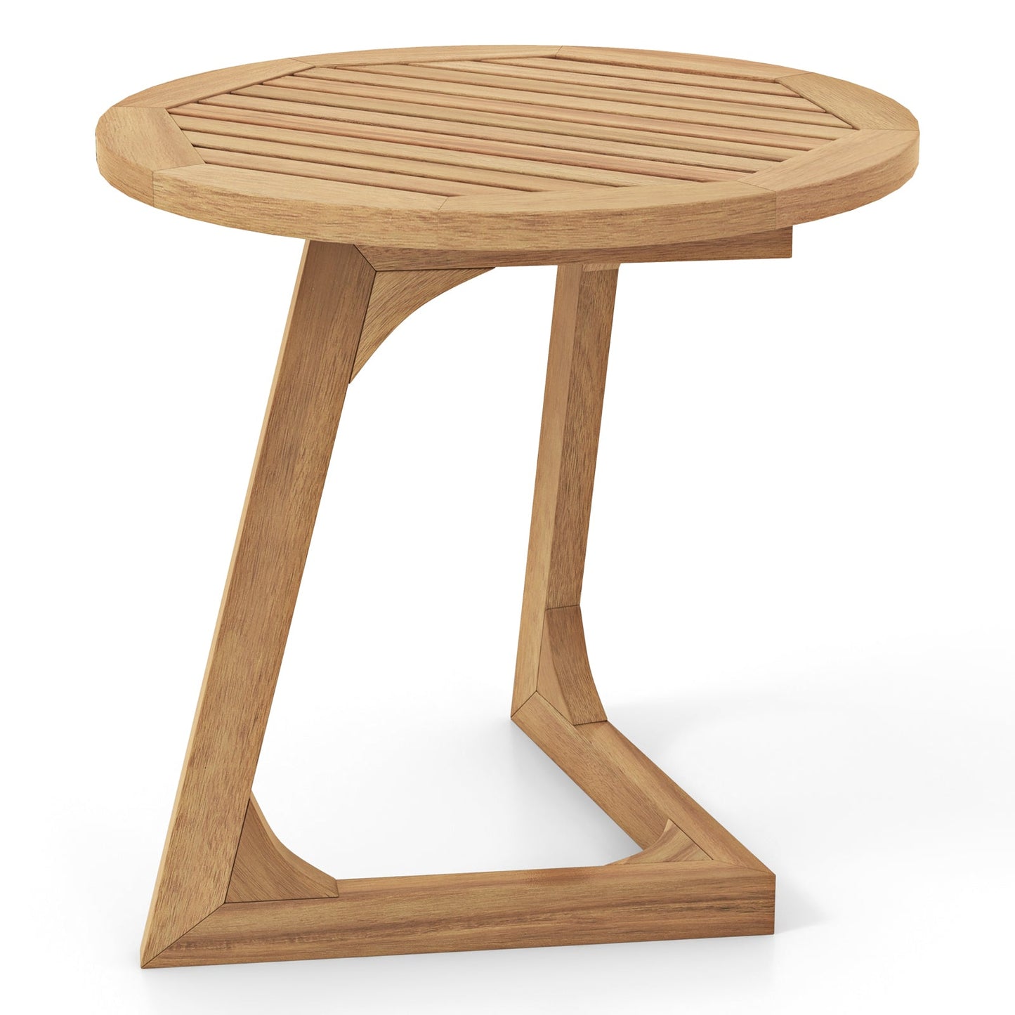 Round teak patio dining table with slatted top and angular legs in natural finish on Tampa Home & Garden Store