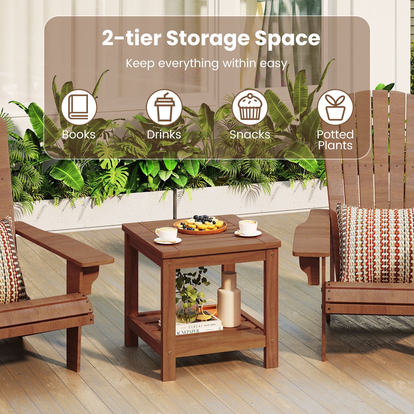 2-Tier outdoor side table with storage shelf in warm brown wood on a deck with patio chairs on Tampa Home & Garden Store