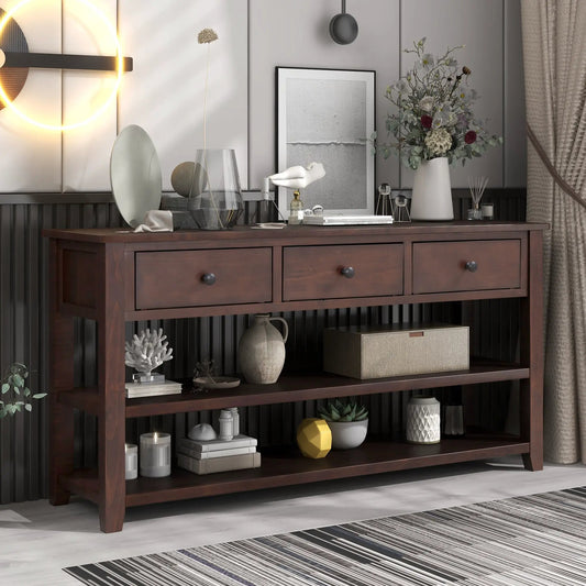 Retro espresso console table with open shelves and drawers, with vases and framed art on Tampa Home & Garden Store