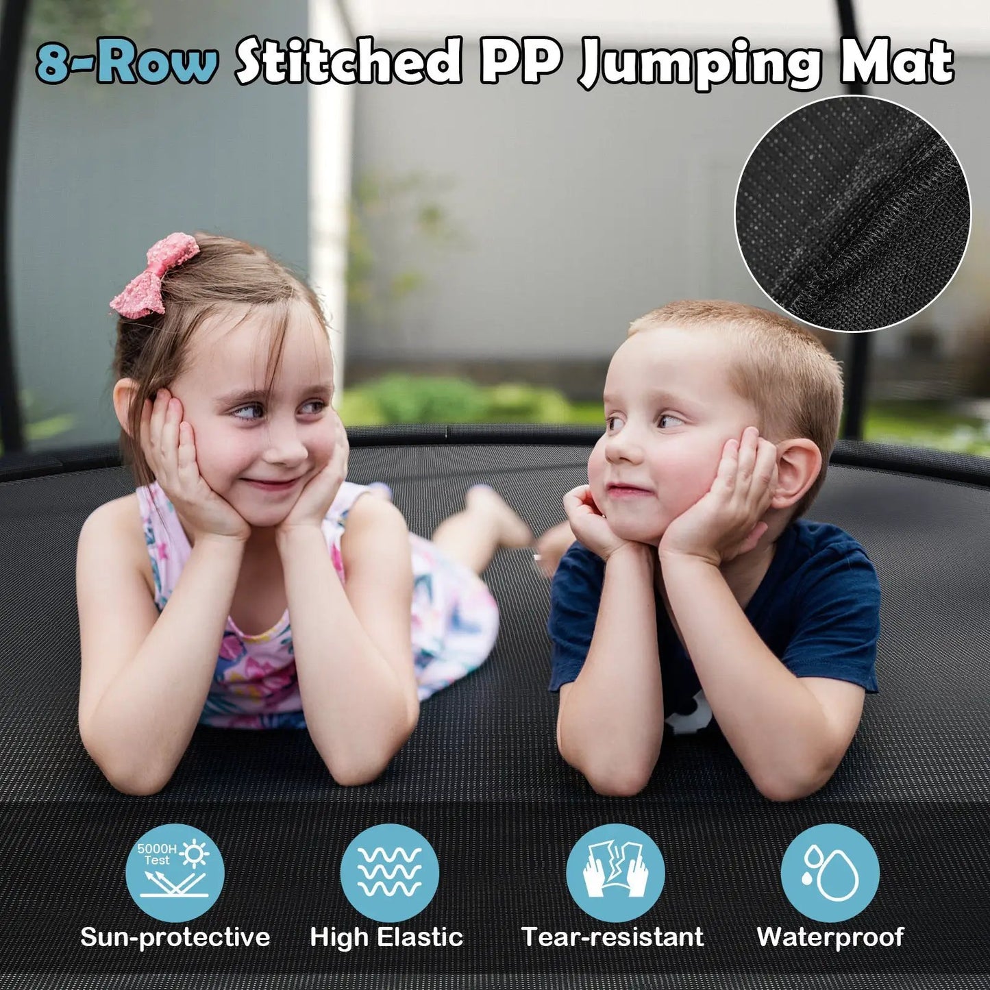 12ft outdoor trampoline with safety enclosure net on black jumping mat; two kids on it on Tampa Home & Garden Store