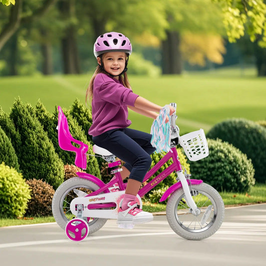 Kids bike 12in pink Costway with training wheels and brakes, white front basket on Tampa Home & Garden Store