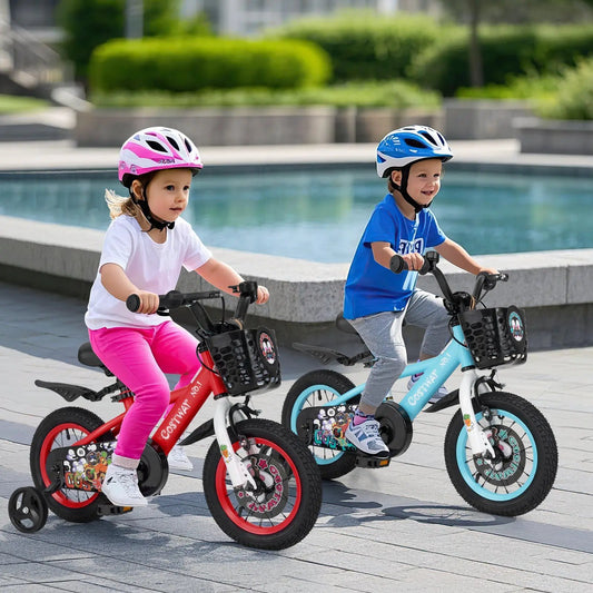 Pair of 14-inch kids bikes with baskets and double brakes in red and blue, DirectDeals on Tampa Home & Garden Store