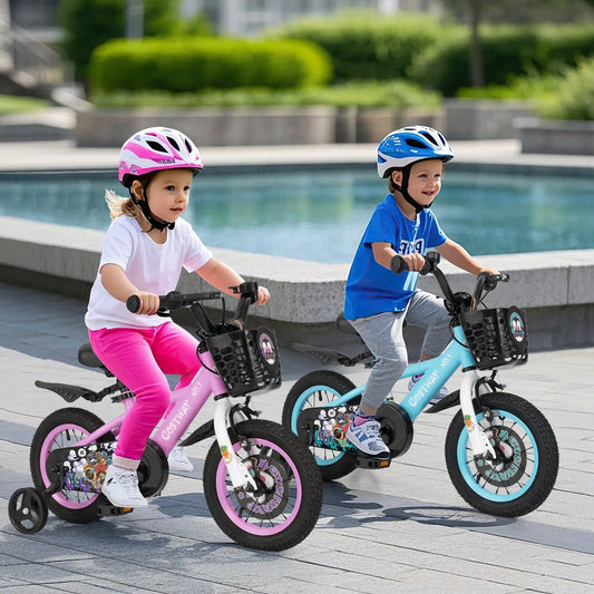 14-inch kids bike set for 3-5 year olds with two riders, pink and blue bikes and helmets on Tampa Home & Garden Store