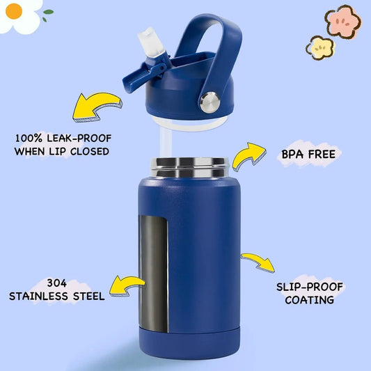 Kids blue stainless water bottle with straw lid, 304 stainless, leak-proof, BPA-free on Tampa Home & Garden Store