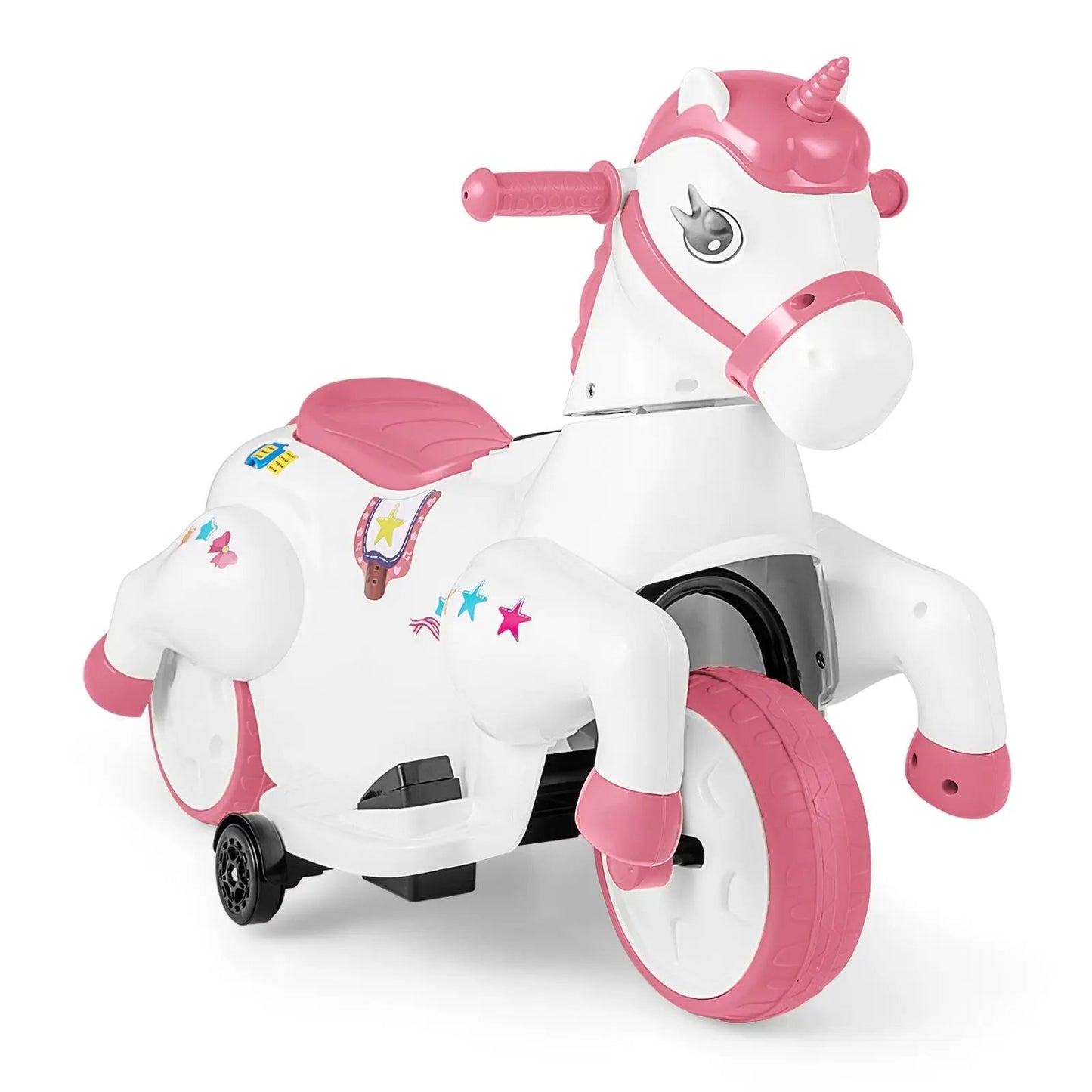 12V unicorn ride-on toy with pink mane, horn, and wheels on Tampa Home & Garden Store