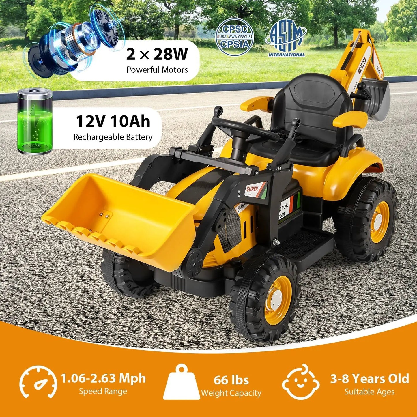 4-in-1 kids ride-on tractor excavator bulldozer yellow black with front loader 12V 10Ah battery on Tampa Home & Garden Store