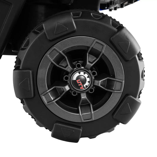 12V battery powered ride-on vehicle wheel with rugged black tire and center UTV logo on hub on Tampa Home & Garden Store