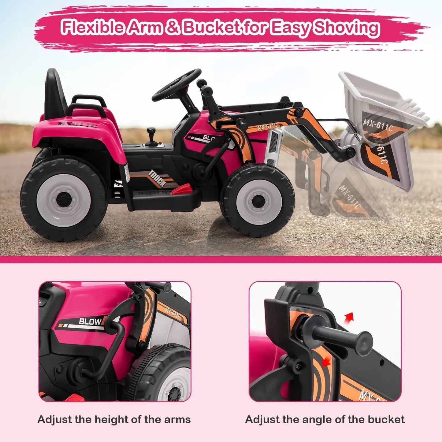12V ride-on excavator in pink with adjustable arm and bucket, DirectDeals electric vehicle on Tampa Home & Garden Store