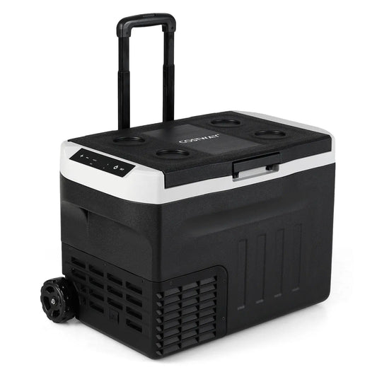 Cosway 12V Car Refrigerator 32QT with touch panel black body, white top retractable handle on Tampa Home & Garden Store