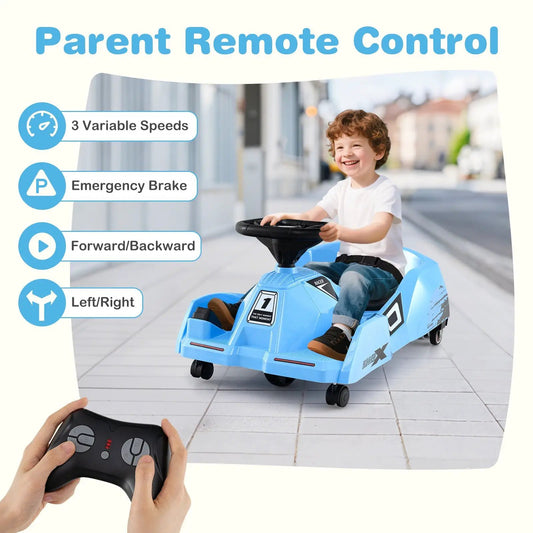 12V go kart ride-on in blue with remote control for kids, child smiling and steering on Tampa Home & Garden Store