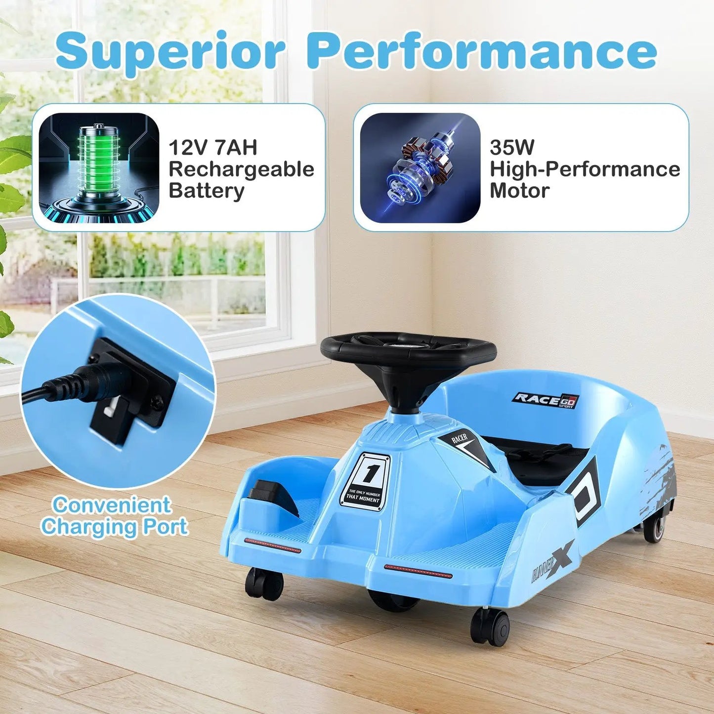 12V Go Kart with Detachable Mop & Remote, blue ride-on, 7Ah batt and 35W motor, charging port on Tampa Home & Garden Store