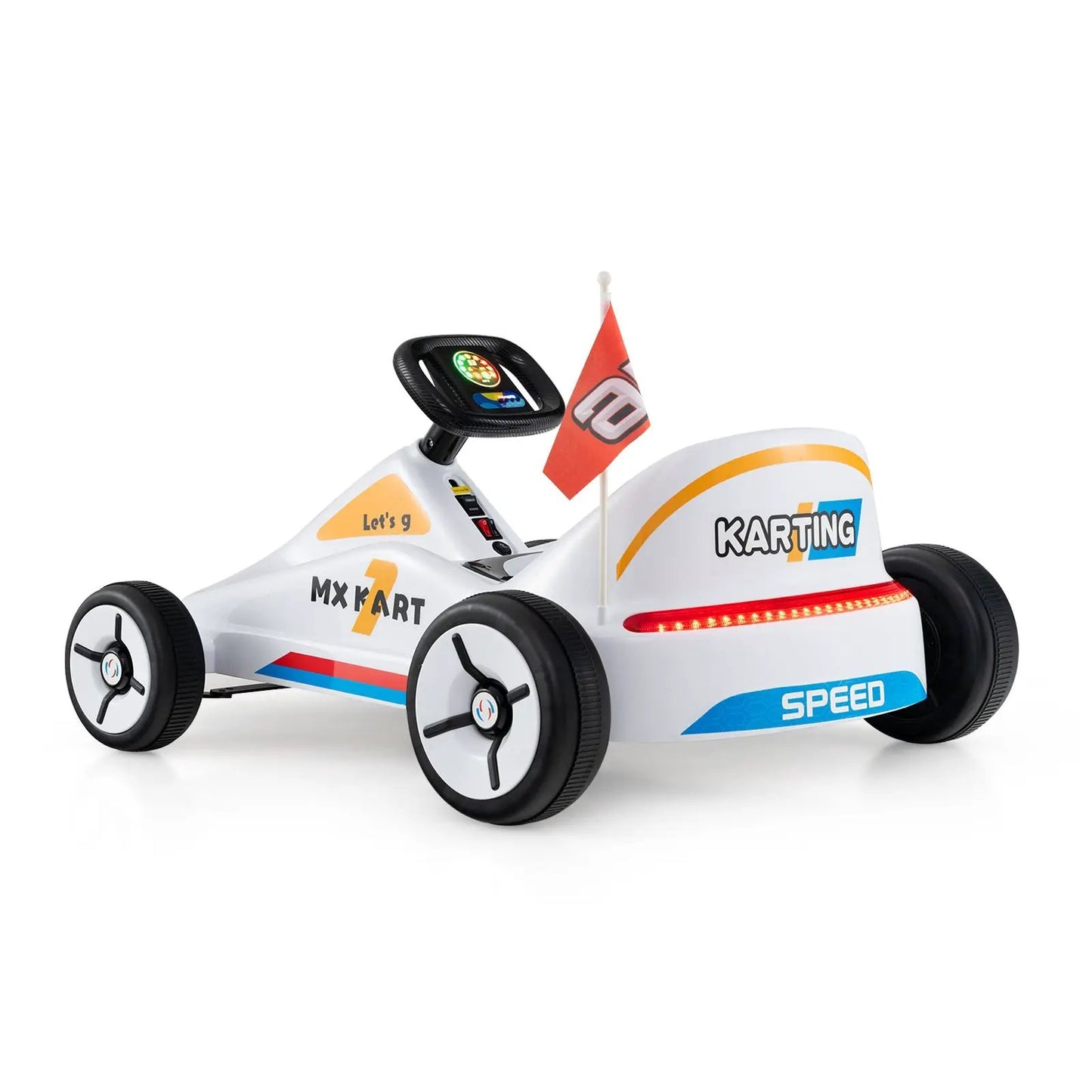 12V Kids Go Kart white with orange/blue decals and flag on Tampa Home & Garden Store
