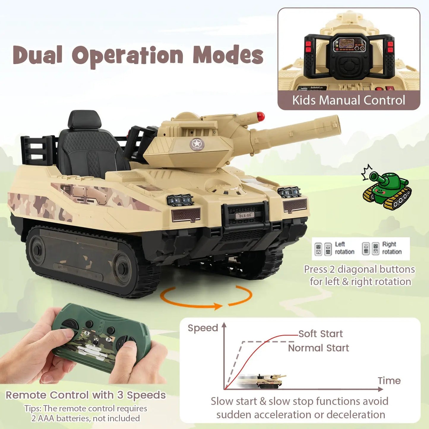 12V Kids Ride On Tank tan camouflage with rotatable turret and missile launcher remote control on Tampa Home & Garden Store