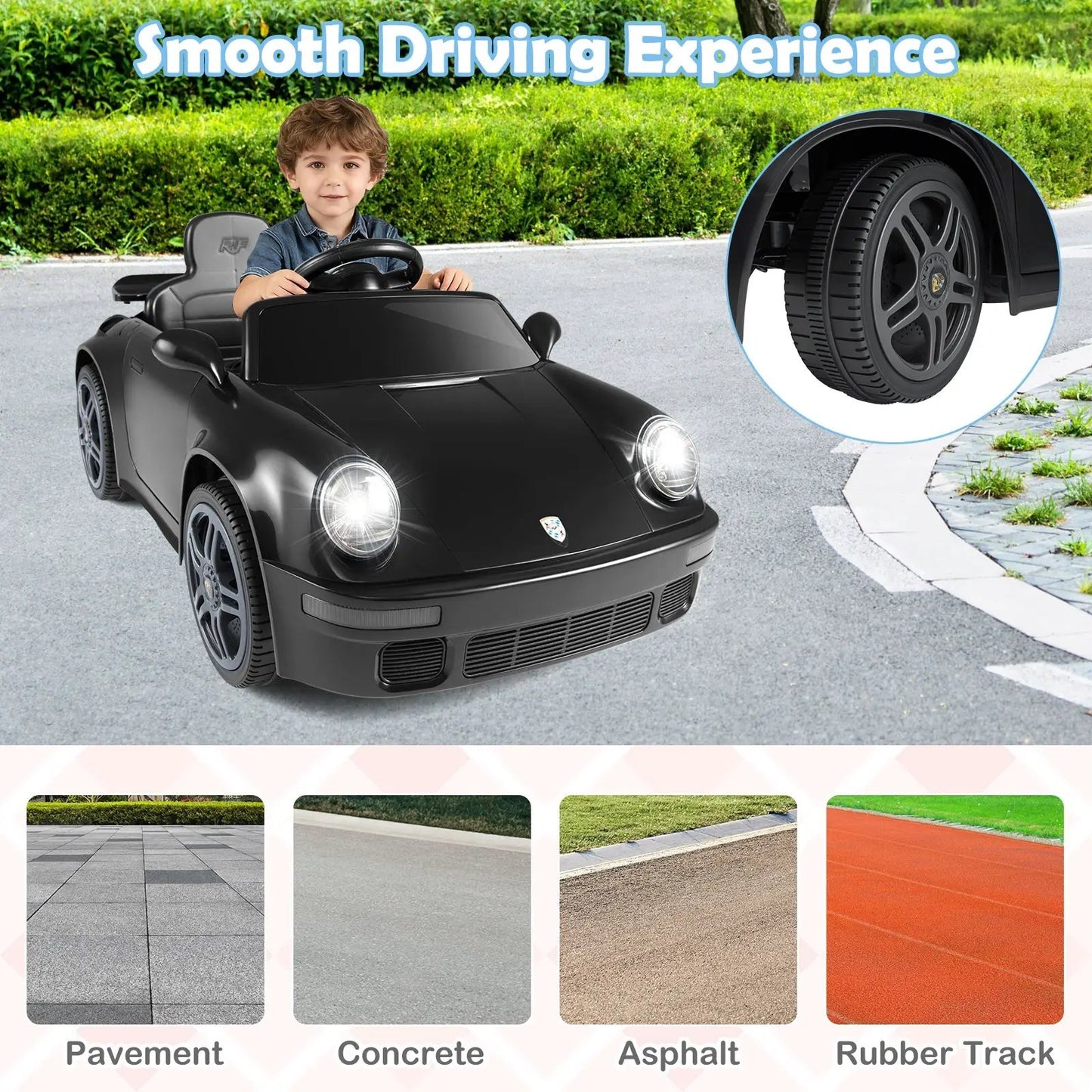 12V electric ride-on car licensed RUF CTR for kids with remote control, black body on Tampa Home & Garden Store