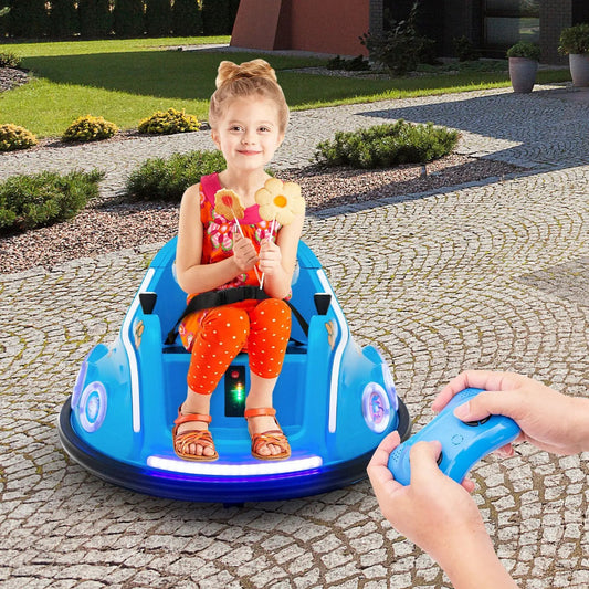 Blue 12V electric ride-on car with remote control and LED lights for kids on Tampa Home & Garden Store