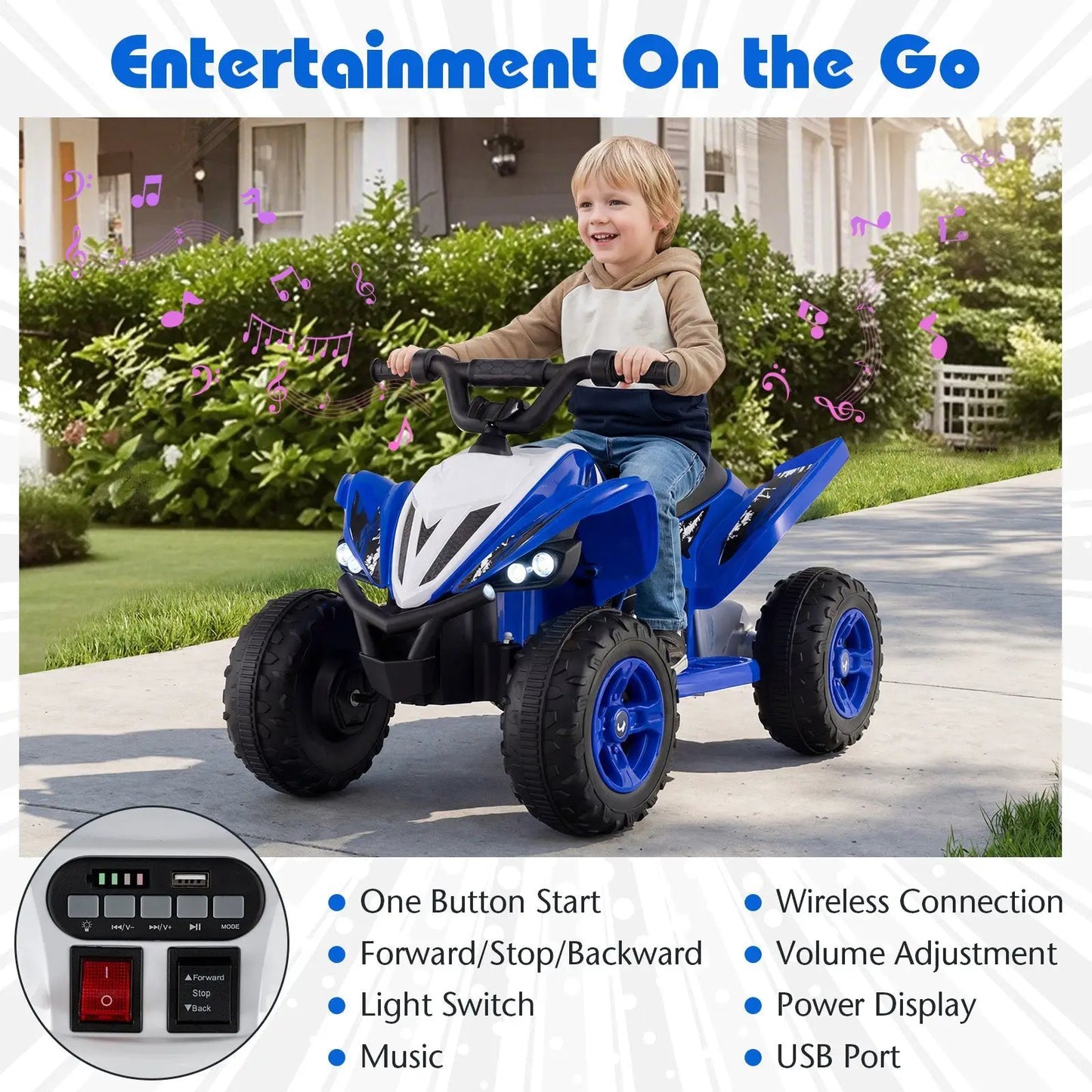 Blue 12V kids ride-on ATV quad with LED lights by DirectDeals, electric riding vehicle on Tampa Home & Garden Store