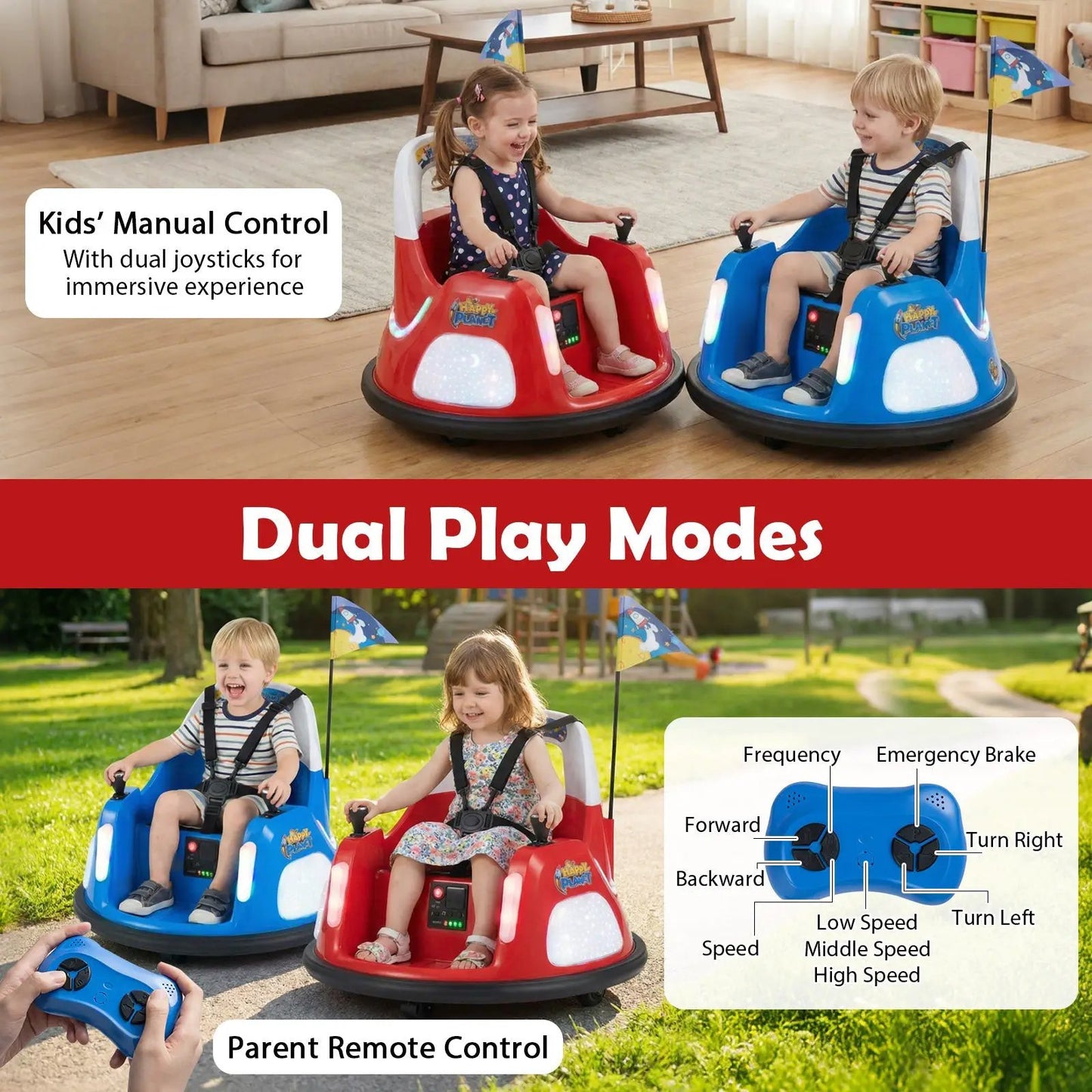 12V Kids Ride-On Bumper Cars two red and blue with remote control in living room on Tampa Home & Garden Store