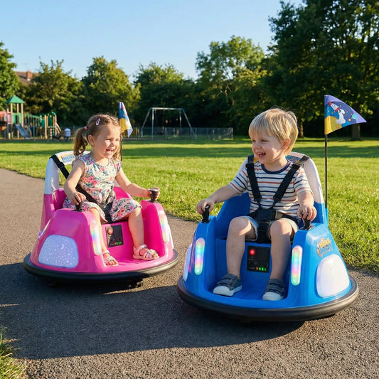 12V Kids Ride On Bumper Car pair in pink and blue with remote control, DirectDeals, park setting on Tampa Home & Garden Store