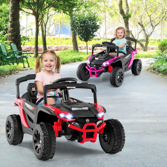 12V Kids Ride On UTVs with LED headlights; red/black and pink/black, two kids driving on Tampa Home & Garden Store