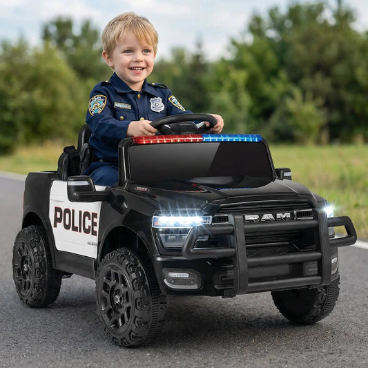 Kids ride-on licensed RAM 3500 police car with red/blue LED light bar on Tampa Home & Garden Store
