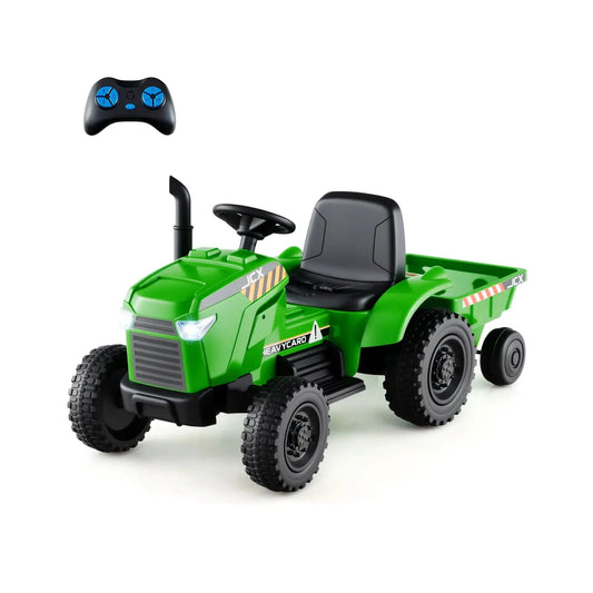 Green 12V 2-in-1 Kids Ride On Tractor with Trailer and remote controller, black seat 2-piece on Tampa Home & Garden Store