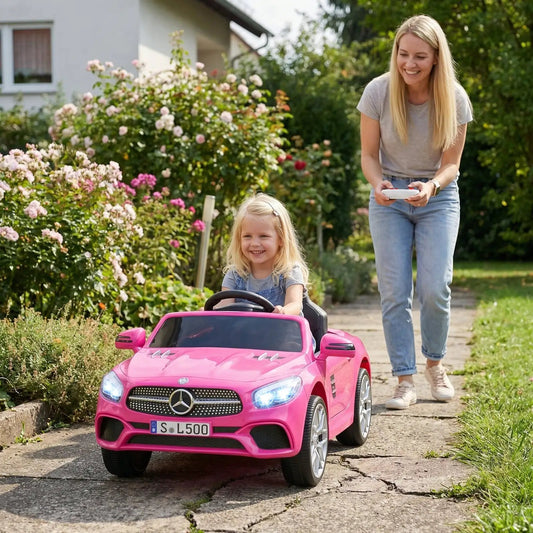 Mercedes-Benz licensed 12V pink kids ride-on car with remote control and smiling child on Tampa Home & Garden Store