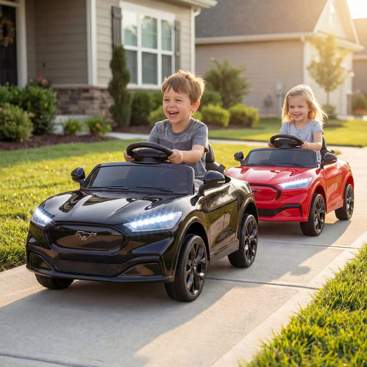Two 12V Ford Mach-E kids ride-on cars with horn and parental control, black and red on Tampa Home & Garden Store