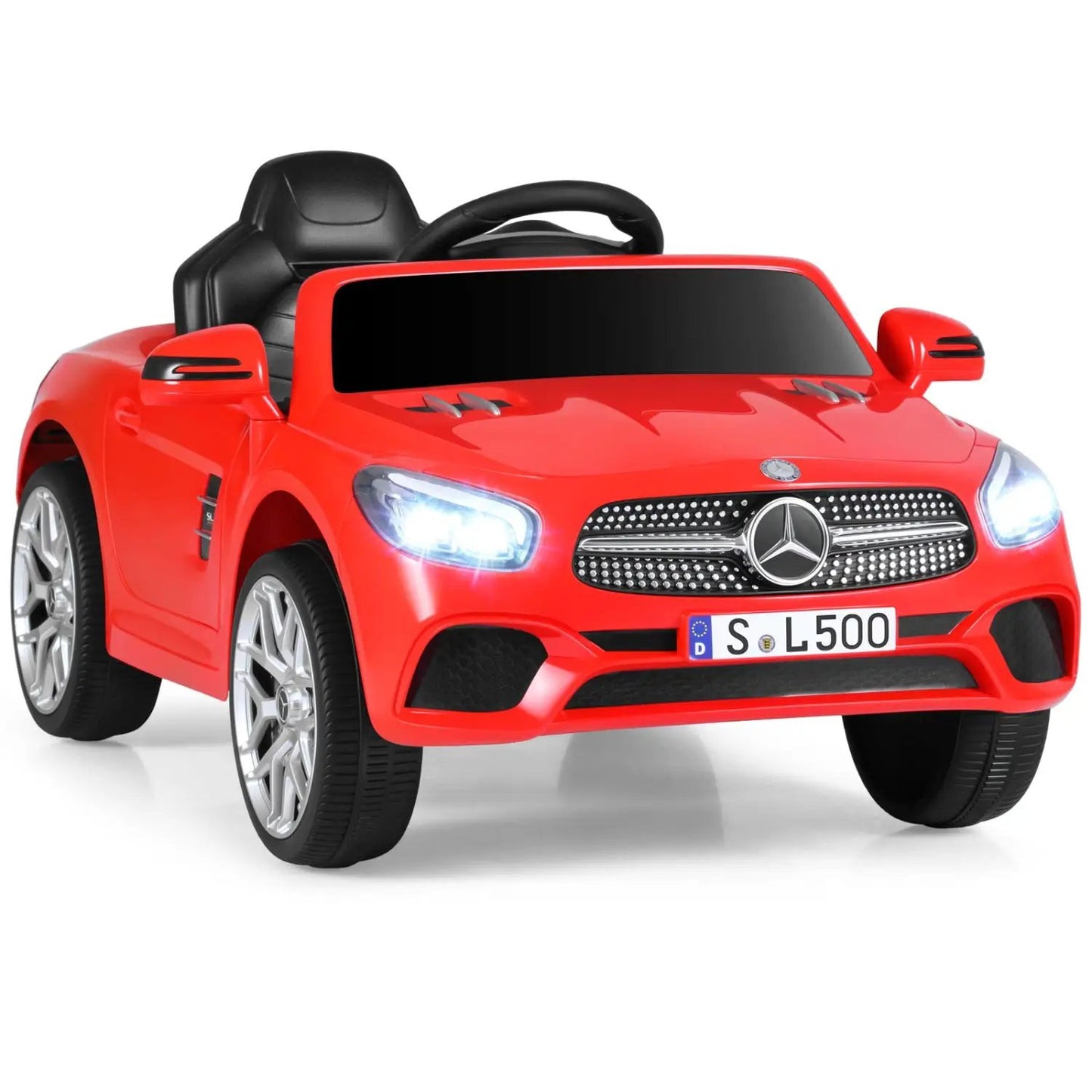 Mercedes-Benz licensed 12V red kids ride-on car with remote, LED headlights, and chrome grille on Tampa Home & Garden Store