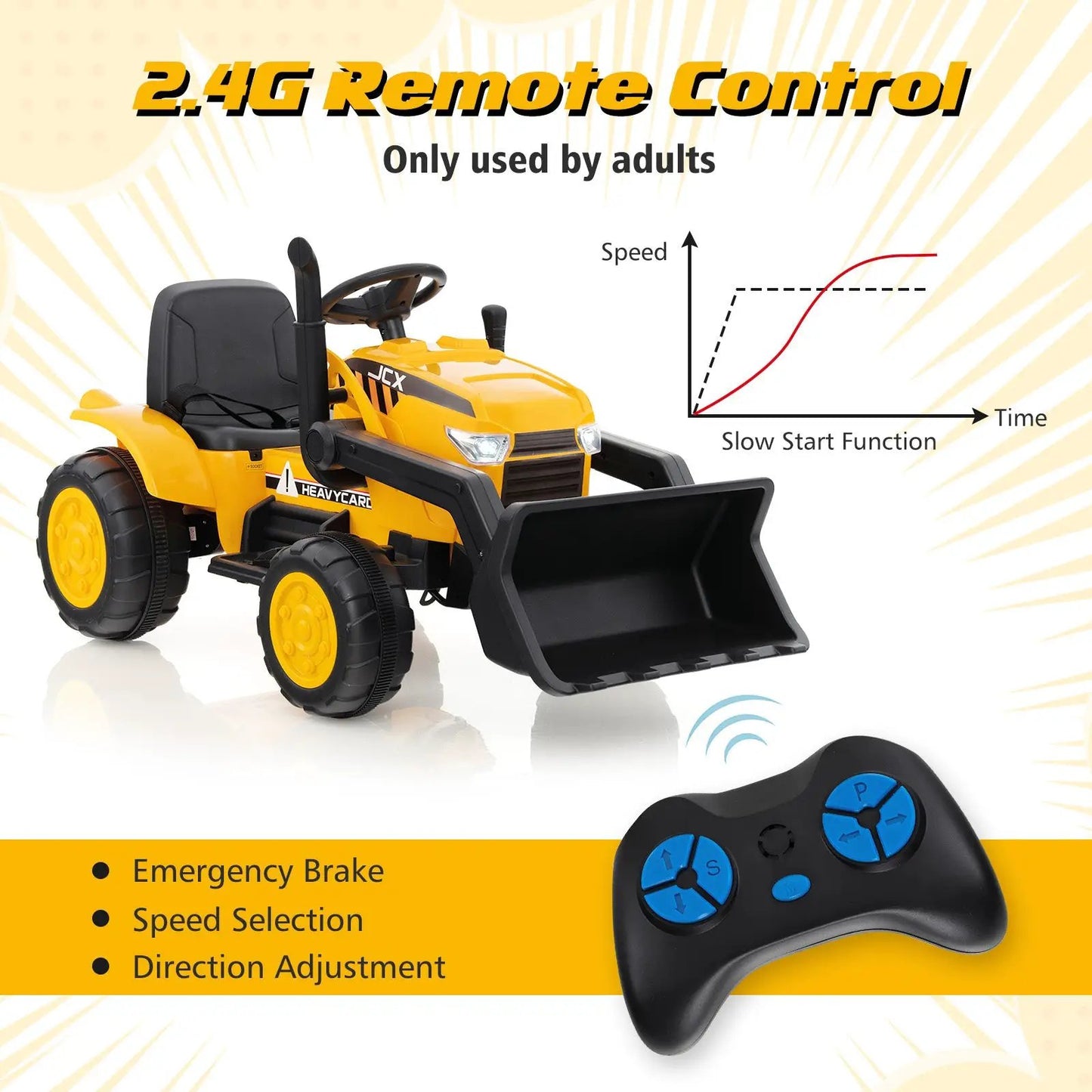 12V Kid Ride-On Excavator with Adjustable Bucket, yellow DirectDeals toy with remote on Tampa Home & Garden Store