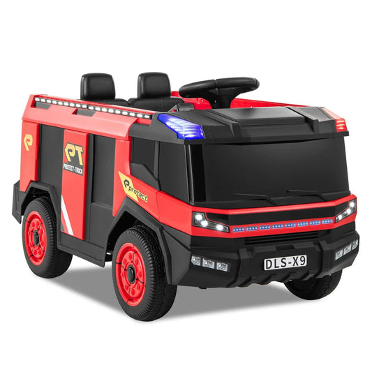 DirectDeals 12V kids ride-on fire truck with remote water gun, red/black, dual-seat, LED lights on Tampa Home & Garden Store