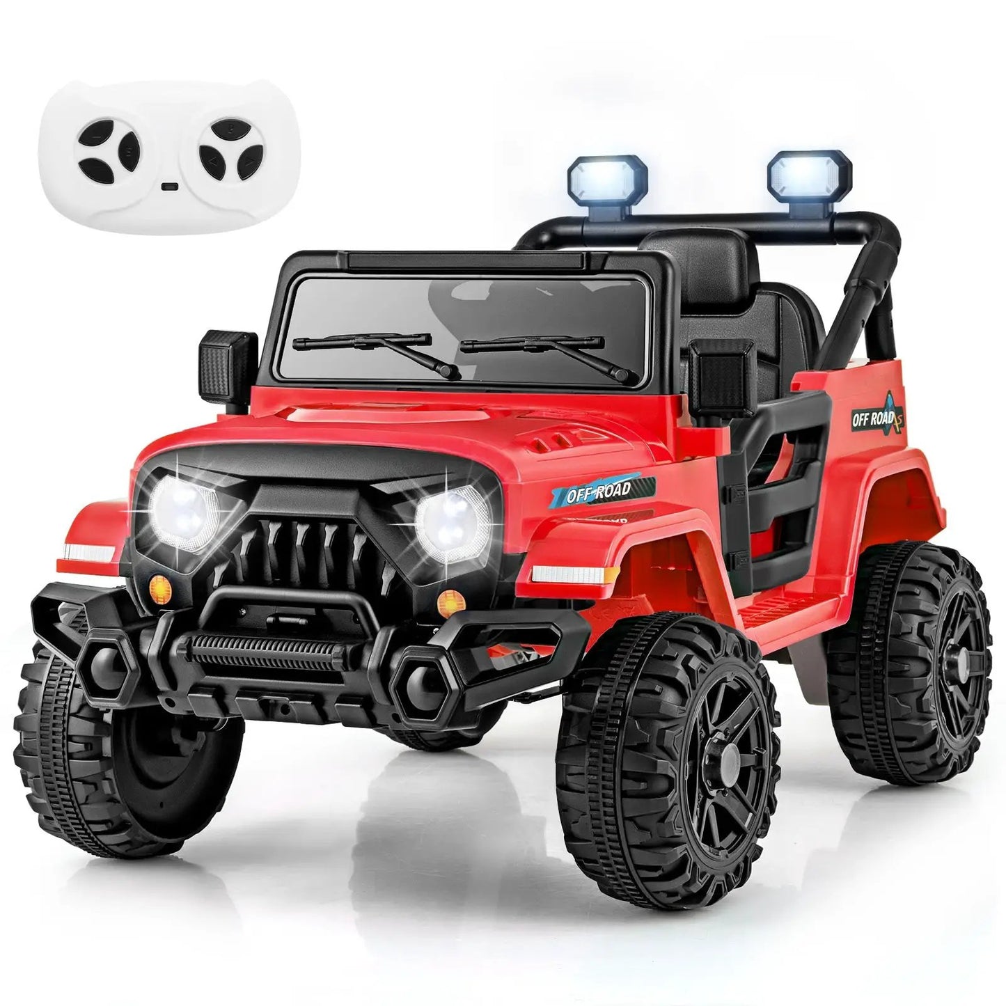 Red 12V kids ride-on jeep with remote control, rugged off-road tires and blue roof lights on Tampa Home & Garden Store