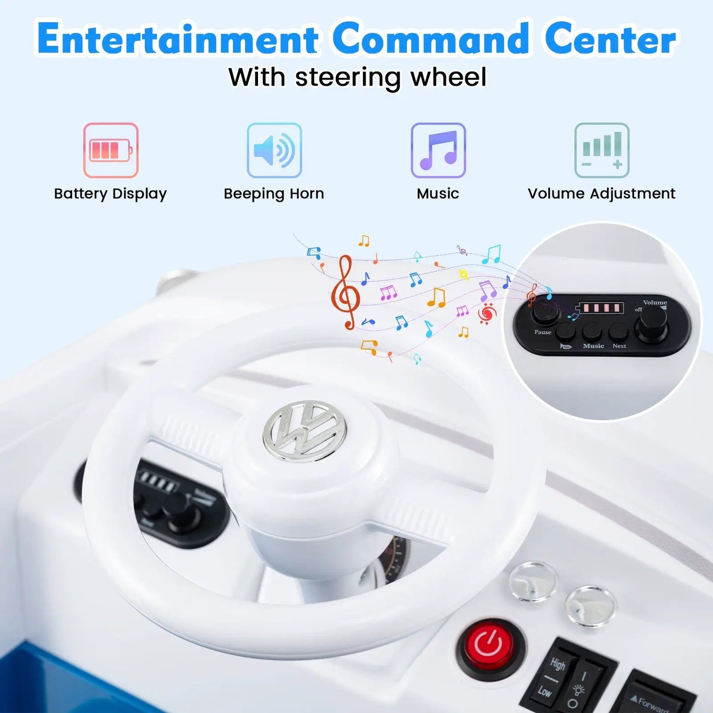 12V Volkswagen ride-on bus interior with steering wheel VW emblem cup holder and LED on Tampa Home & Garden Store