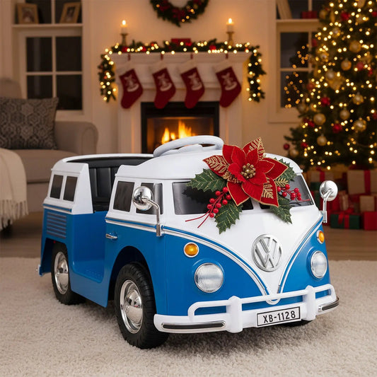 12V Volkswagen ride-on bus with cup holder and LED headlights, blue and white on Tampa Home & Garden Store