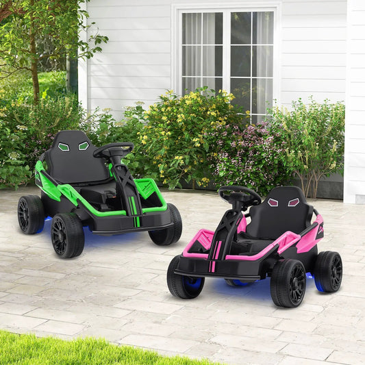 Two 12V ride-on electric UTVs in green and pink with remote and music on Tampa Home & Garden Store