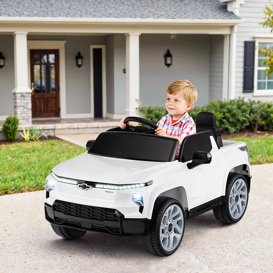 12V ride-on licensed Chevrolet truck with remote, white kid's electric vehicle, LED headlights on Tampa Home & Garden Store
