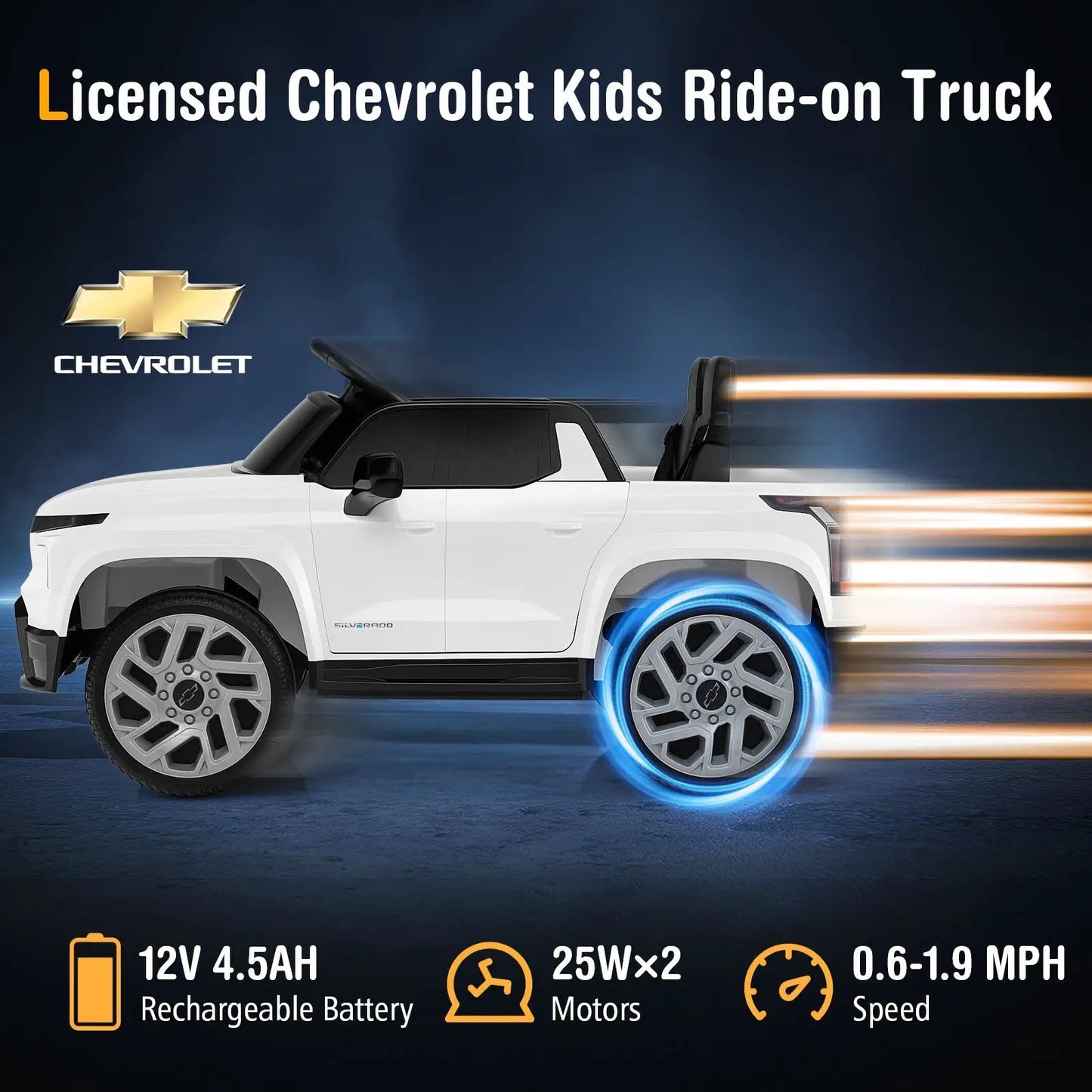 12V Licensed Chevrolet Kids Ride-On Truck in white with remote control, blue glow wheels on Tampa Home & Garden Store