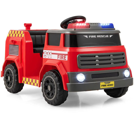 12V red fire truck ride-on toy with steering wheel and lights on Tampa Home & Garden Store