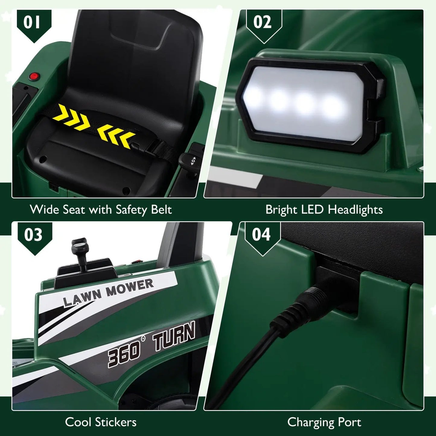 12V Kids Ride-On Lawn Mower with Dual Sticks, green toy with safety belt and LED headlights on Tampa Home & Garden Store
