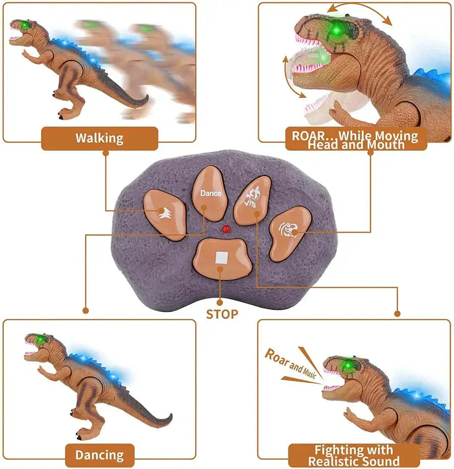 Remote Control T-Rex Dinosaur with Lights RC Toy Moktan Sabai; purple rock base, orange control buttons, walk, dance, roar modes on Tampa Home & Garden Store