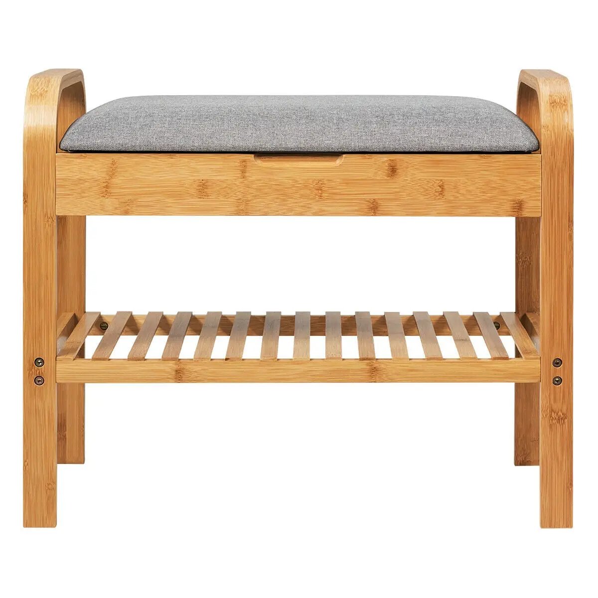 Bamboo shoe rack bench with storage shelf, natural finish, gray cushion by DirectDeals on Tampa Home & Garden Store