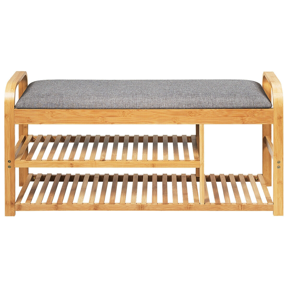 3-Tier bamboo shoe rack bench with cushion, natural wood finish on Tampa Home & Garden Store