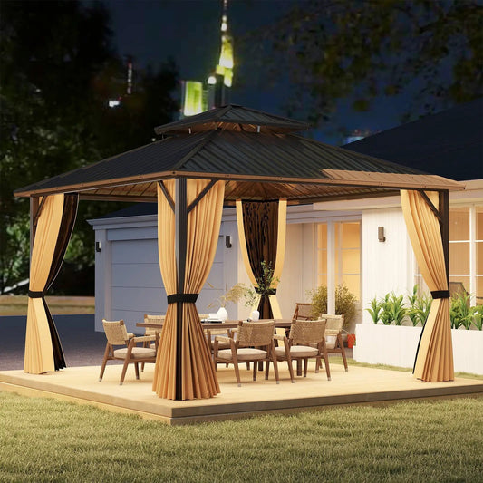 DirectDeals 12x12 ft hardtop gazebo outdoor pergola coffee color with beige curtains on Tampa Home & Garden Store