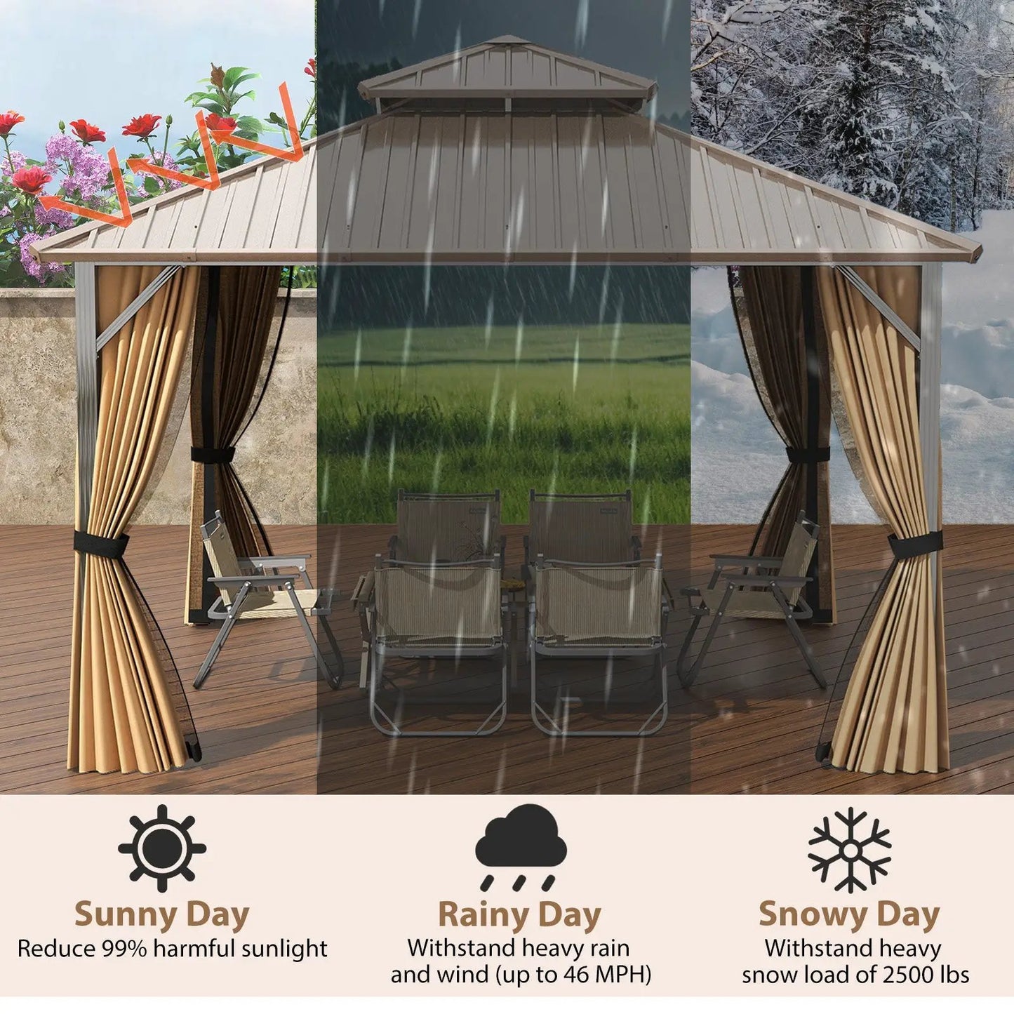12x12 ft hardtop gazebo with beige metal frame and tan curtains for patio on Tampa Home & Garden Store